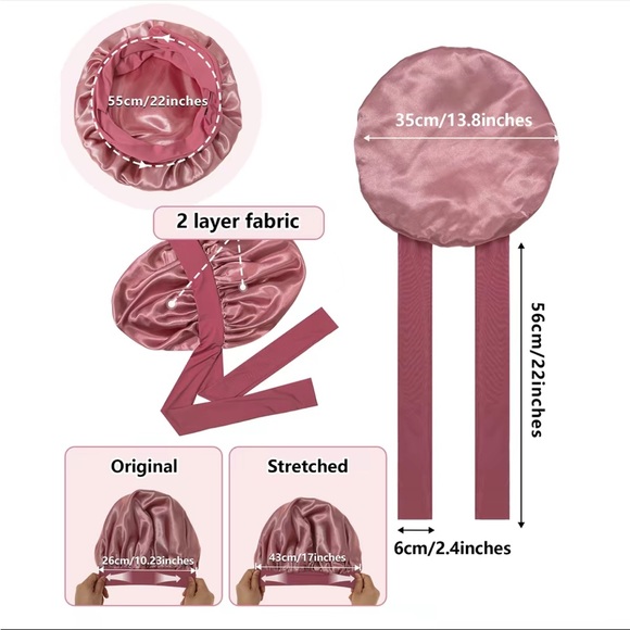 Double-sided Pink Satin Bonnet/ Hair Cap w/Elastic & Tie Band - Picture 4 of 4